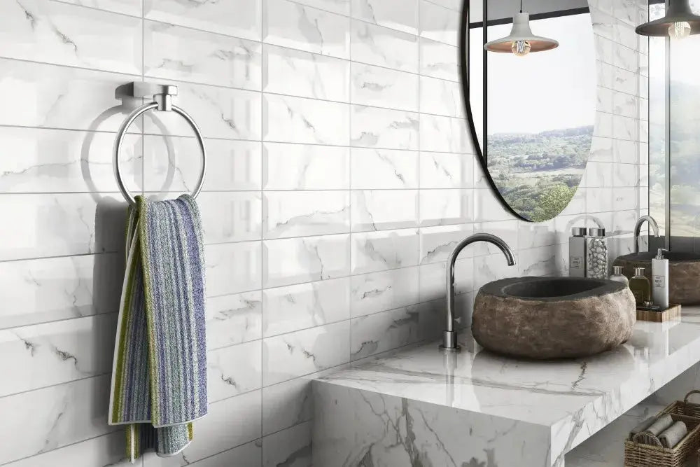 Metro beveled Carrara Ceramic wall tiles Tile 10x30 cm from £19.99 sq.m