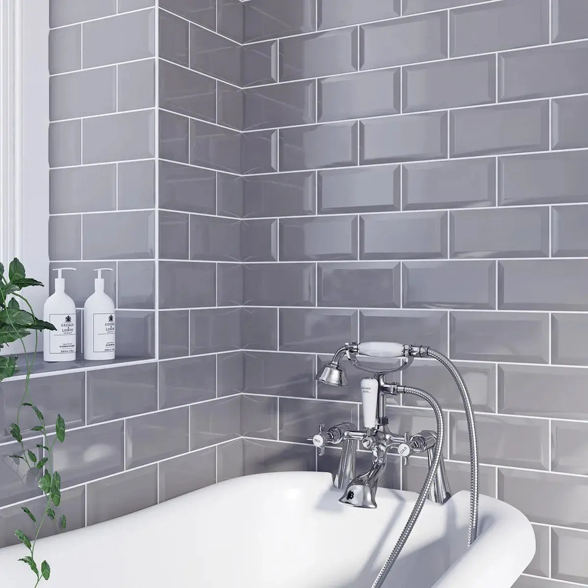 Metro beveled Grey Ceramic wall tiles 10x20 cm from £14.99 sq.m